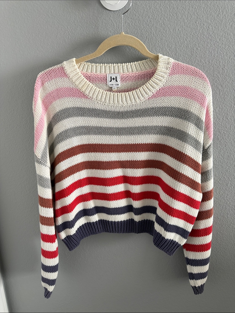 John + Jenn Cream Striped Crewneck Sweater